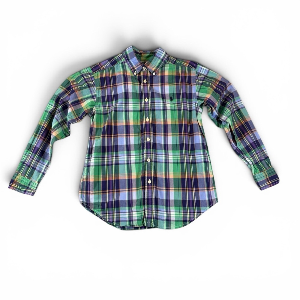 Ralph Lauren Boys Long Sleeve Button-Up Shirt, Plaid, Size M (10-12) Blue Green